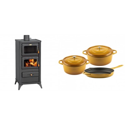 Set Kaminofen, Holzofen mit Backfach Prity, Modell FM E, Leistung 12.1kW, Füße + Gusseisen Topf Set aus 3 teilen Solagio, Dijon - Kaminofen - Holzofen mit Backfach