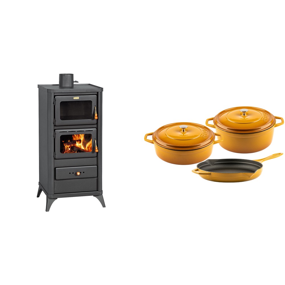 Set Kaminofen, Holzofen mit Backfach Prity, Modell FM E, Leistung 12.1kW, Füße + Gusseisen Topf Set aus 3 teilen Solagio, Dijon