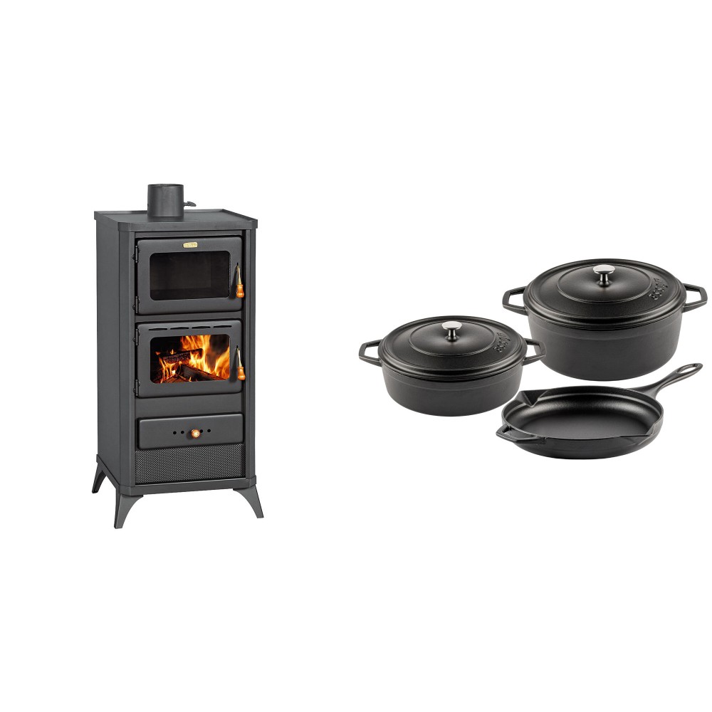 Set Kaminofen, Holzofen mit Backfach Prity, Modell FM E, Leistung 12.1kW, Füße + Gusseisen Topf Set aus 3 teilen Solagio, Black Onyx