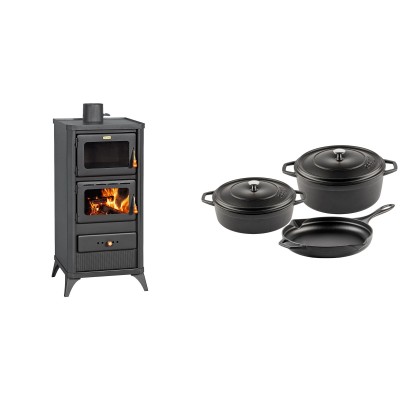 Set Kaminofen, Holzofen mit Backfach Prity, Modell FM E, Leistung 12.1kW, Füße + Gusseisen Topf Set aus 3 teilen Solagio, Black Onyx - Kaminofen - Holzofen mit Backfach