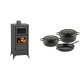 Set Kaminofen, Holzofen mit Backfach Prity, Modell FM E, Leistung 12.1kW, Füße + Gusseisen Topf Set aus 3 teilen Solagio, Black Onyx | Holzofen | Kaminofen |
