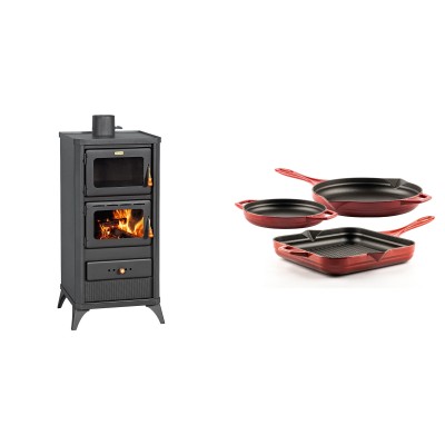 Set Kaminofen, Holzofen mit Backfach Prity, Modell FM E, Leistung 12.1kW, Füße + Gusseisen Topf Set aus 3 teilen Solagio, Rubin - Kaminofen - Holzofen mit Backfach