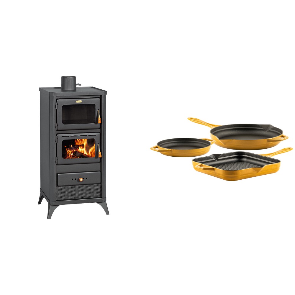 Set Kaminofen, Holzofen mit Backfach Prity, Modell FM E, Leistung 12.1kW, Füße + Gusseisen Topf Set aus 3 teilen Solagio, Dijon