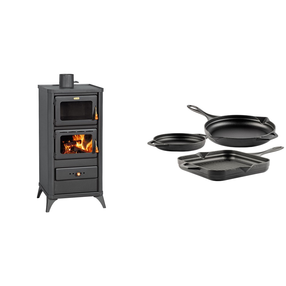 Set Kaminofen, Holzofen mit Backfach Prity, Modell FM E, Leistung 12.1kW, Füße + Gusseisen Topf Set aus 3 teilen Solagio, Black Onyx