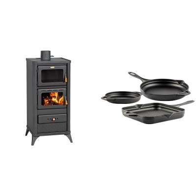 Set Kaminofen, Holzofen mit Backfach Prity, Modell FM E, Leistung 12.1kW, Füße + Gusseisen Topf Set aus 3 teilen Solagio, Black Onyx - Kaminofen - Holzofen mit Backfach