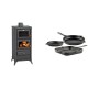 Set Kaminofen, Holzofen mit Backfach Prity, Modell FM E, Leistung 12.1kW, Füße + Gusseisen Topf Set aus 3 teilen Solagio, Black Onyx | Holzofen | Kaminofen |