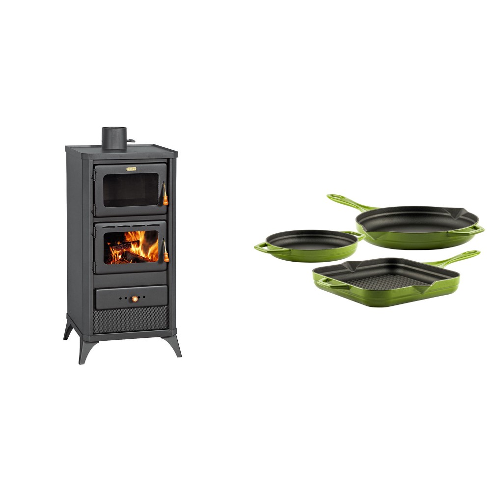 Set Kaminofen, Holzofen mit Backfach Prity, Modell FM E, Leistung 12.1kW, Füße + Gusseisen Topf Set aus 3 teilen Solagio, Bamboo