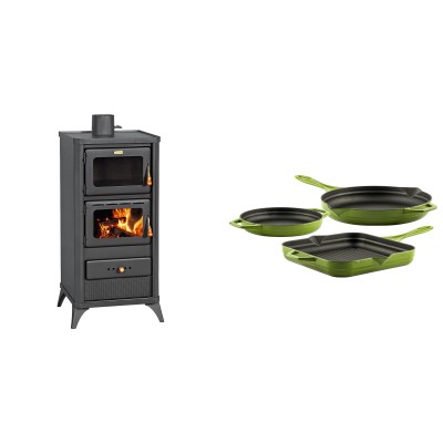 Set Kaminofen, Holzofen mit Backfach Prity, Modell FM E, Leistung 12.1kW, Füße + Gusseisen Topf Set aus 3 teilen Solagio, Bamboo - Kaminofen - Holzofen mit Backfach