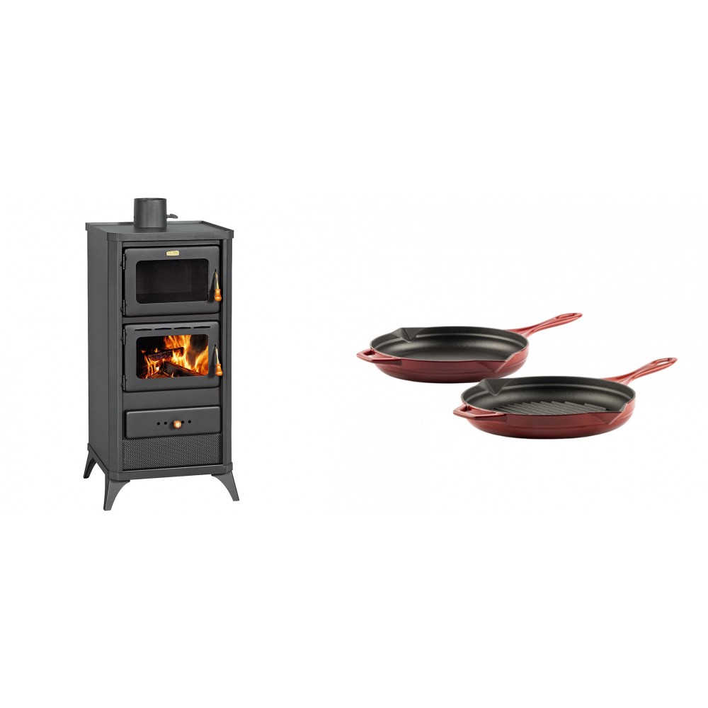 Set Kaminofen, Holzofen mit Backfach Prity, Modell FM E, Leistung 12.1kW, Füße + Gusseisen Topf Set aus 2 teilen Solagio, Rubin | Holzofen | Kaminofen |