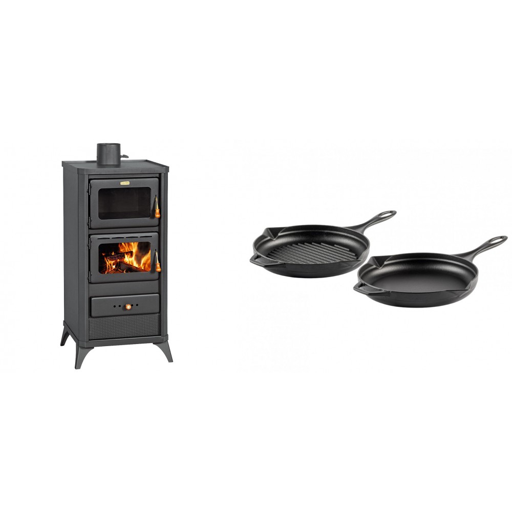 Set Kaminofen, Holzofen mit Backfach Prity, Modell FM E, Leistung 12.1kW, Füße + Gusseisen Topf Set aus 2 teilen Solagio, Black Onyx | Holzofen | Kaminofen |