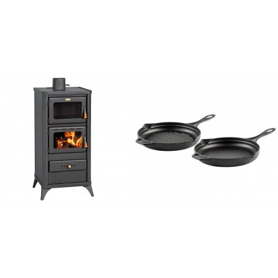 Set Kaminofen, Holzofen mit Backfach Prity, Modell FM E, Leistung 12.1kW, Füße + Gusseisen Topf Set aus 2 teilen Solagio, Black Onyx - Kaminofen - Holzofen mit Backfach