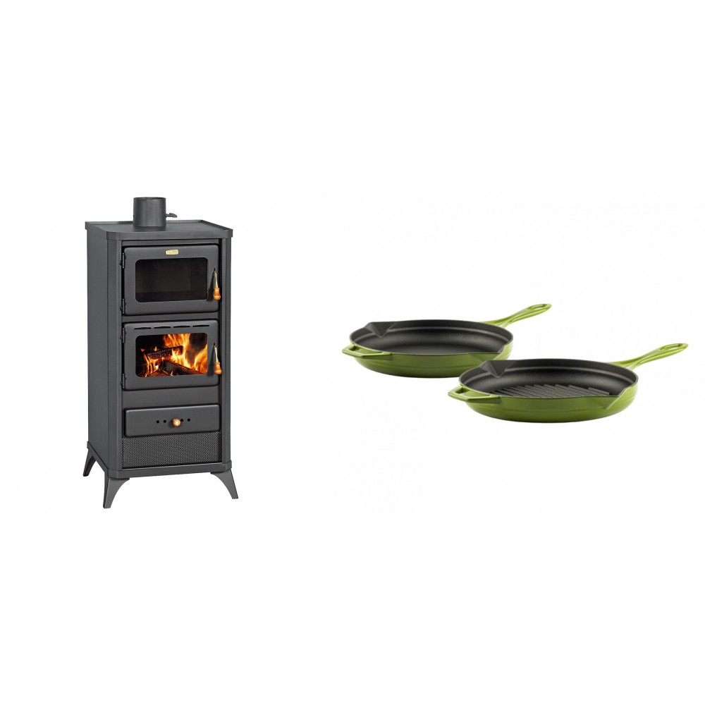 Set Kaminofen, Holzofen mit Backfach Prity, Modell FM E, Leistung 12.1kW, Füße + Gusseisen Topf Set aus 2 teilen Solagio, Bamboo