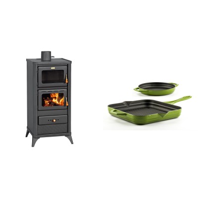 Set Kaminofen, Holzofen mit Backfach Prity, Modell FM E, Leistung 12.1kW, Füße + Gusseisen Topf Set aus 2 teilen Solagio, Bamboo - Kaminofen - Holzofen mit Backfach