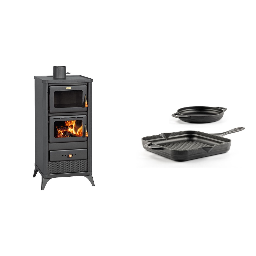 Set Kaminofen, Holzofen mit Backfach Prity, Modell FM E, Leistung 12.1kW, Füße + Gusseisen Topf Set aus 2 teilen Solagio, Black Onyx | Holzofen | Kaminofen |