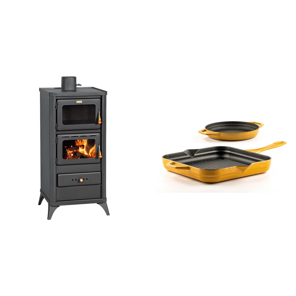 Set Kaminofen, Holzofen mit Backfach Prity, Modell FM E, Leistung 12.1kW, Füße + Gusseisen Topf Set aus 2 teilen Solagio, Dijon