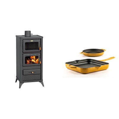 Set Kaminofen, Holzofen mit Backfach Prity, Modell FM E, Leistung 12.1kW, Füße + Gusseisen Topf Set aus 2 teilen Solagio, Dijon - Kaminofen - Holzofen mit Backfach