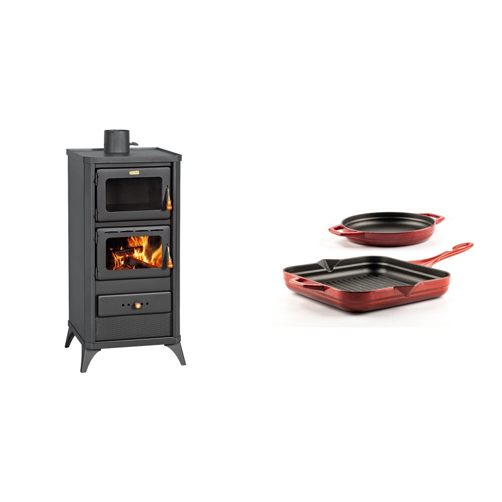 Set Kaminofen, Holzofen mit Backfach Prity, Modell FM E, Leistung 12.1kW, Füße + Gusseisen Topf Set aus 2 teilen Solagio, Rubin | Holzofen | Kaminofen |