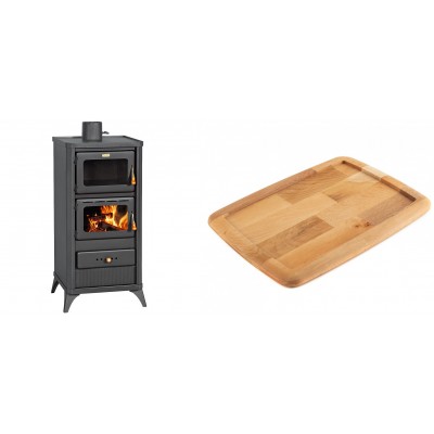 Set Kaminofen, Holzofen mit Backfach Prity, Modell FM E, Leistung 12.1kW, Füße + Holz untersetzer für gusseisenplatte Solagio HSST2131 - Kaminofen - Holzofen mit Backfach