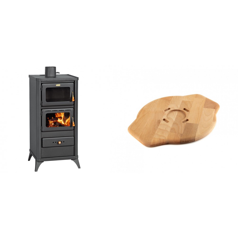 Set Kaminofen, Holzofen mit Backfach Prity, Modell FM E, Leistung 12.1kW, Füße + Holz untersetzer für Gusseisenplatte Solagio HSYSAK28