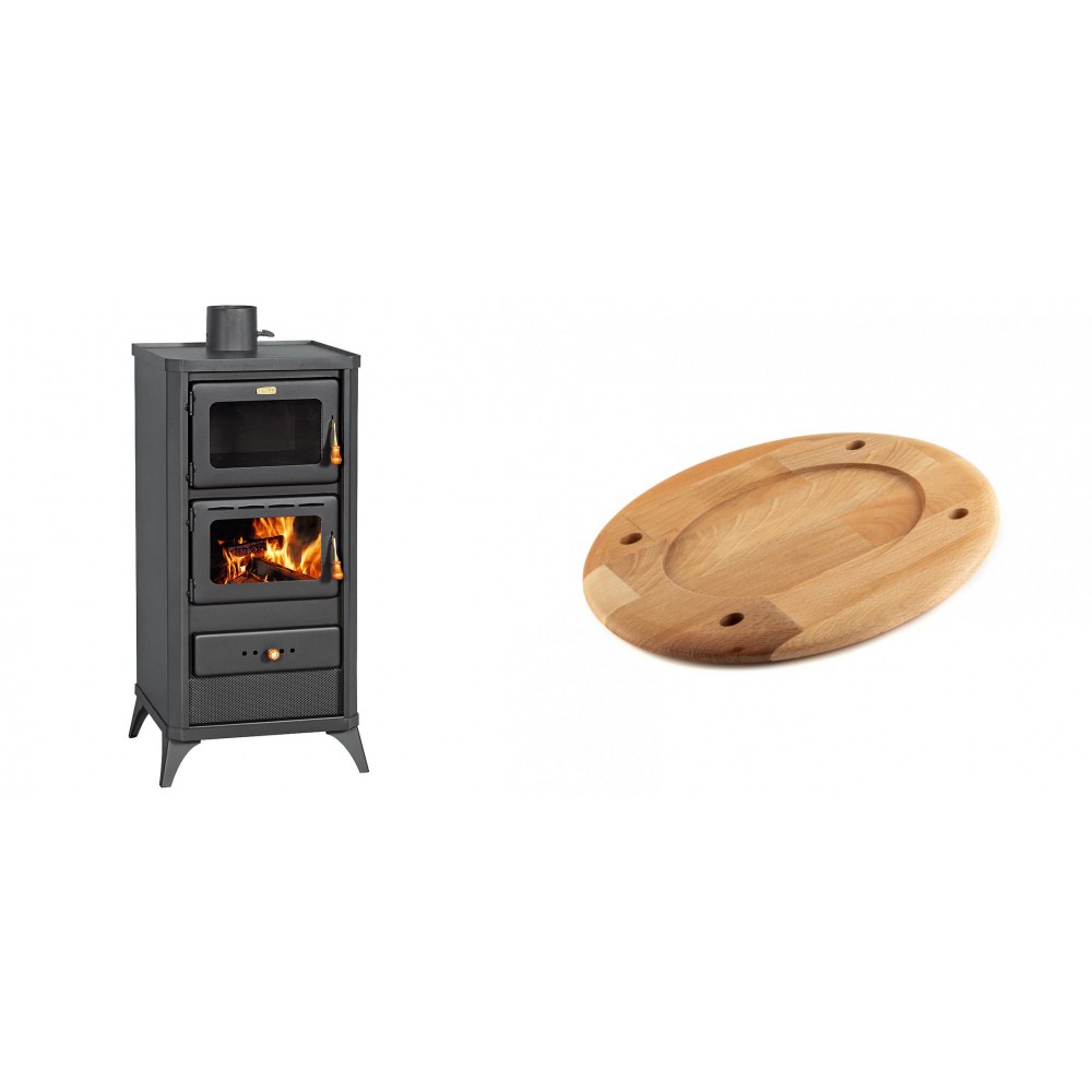 Set Kaminofen, Holzofen mit Backfach Prity, Modell FM E, Leistung 12.1kW, Füße + Holz untersetzer für ovale platte Solagio HSOISK2533, 25x33cm | Holzofen | Kaminofen |