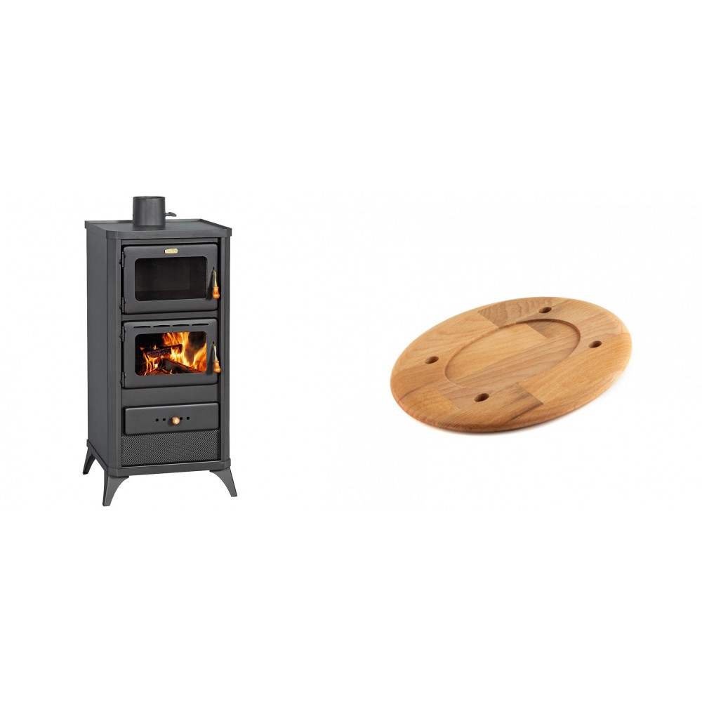 Set Kaminofen, Holzofen mit Backfach Prity, Modell FM E, Leistung 12.1kW, Füße + Holz untersetzer für ovale platte Solagio HSOISK1728, 17x28cm | Holzofen | Kaminofen |