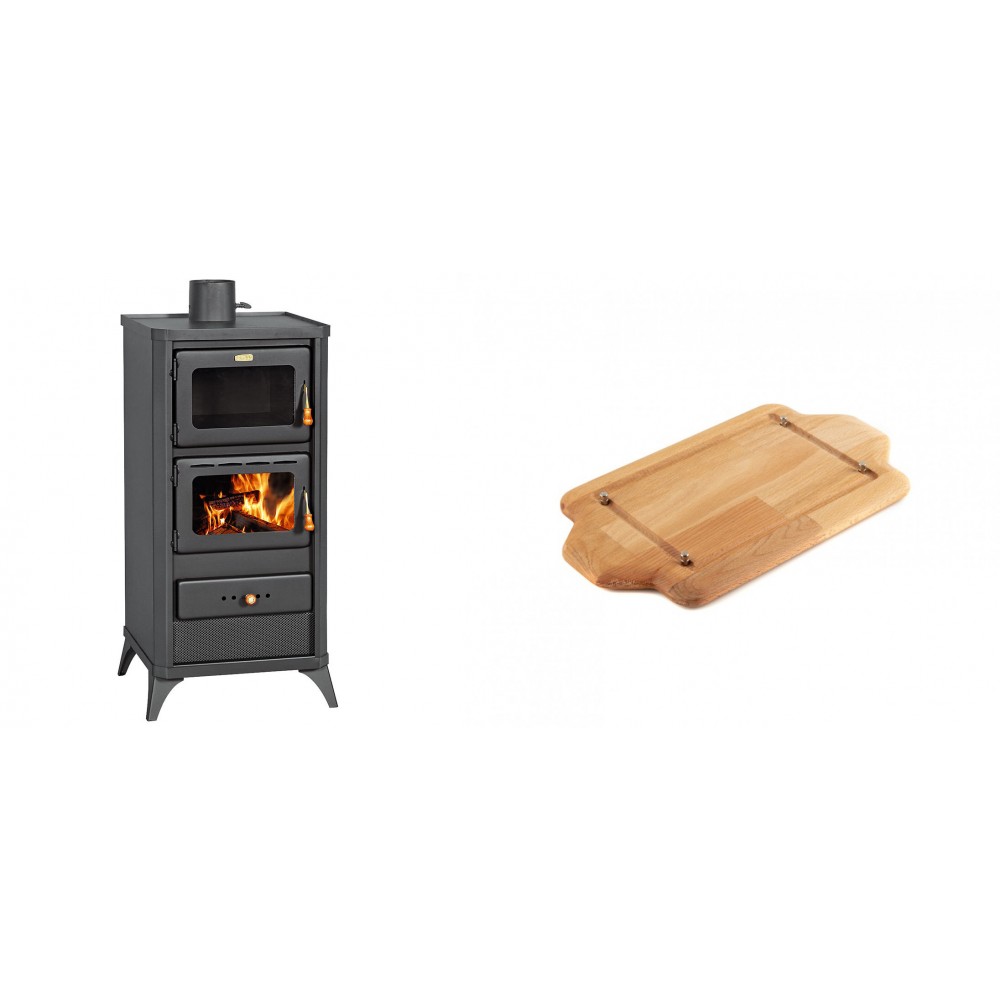 Set Kaminofen, Holzofen mit Backfach Prity, Modell FM E, Leistung 12.1kW, Füße + Holz untersetzer für mini-gusseisenplatte Solagio HSDDHP1522 | Holzofen | Kaminofen |