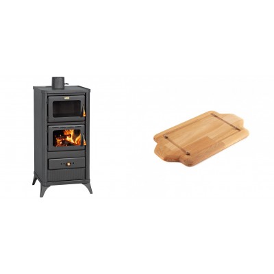 Set Kaminofen, Holzofen mit Backfach Prity, Modell FM E, Leistung 12.1kW, Füße + Holz untersetzer für mini-gusseisenplatte Solagio HSDDHP1522 - Kaminofen - Holzofen mit Backfach