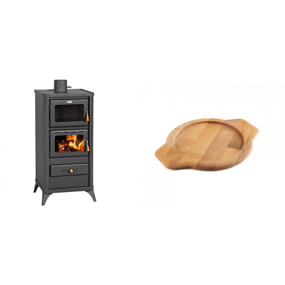 Set Kaminofen, Holzofen mit Backfach Prity, Modell FM E, Leistung 12.1kW, Füße + Holz untersetzer für gusseisenschüssel Solagio HSYKTV22 | Holzofen | Kaminofen |