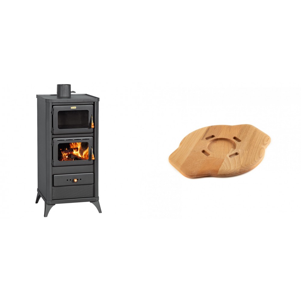 Set Kaminofen, Holzofen mit Backfach Prity, Modell FM E, Leistung 12.1kW, Füße + Holz untersetzer für gusseisenplatte Solagio HSYSAK20 | Holzofen | Kaminofen |