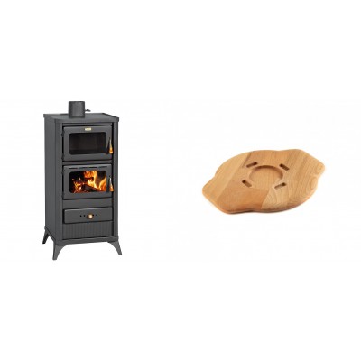 Set Kaminofen, Holzofen mit Backfach Prity, Modell FM E, Leistung 12.1kW, Füße + Holz untersetzer für gusseisenplatte Solagio HSYSAK20 - Kaminofen - Holzofen mit Backfach