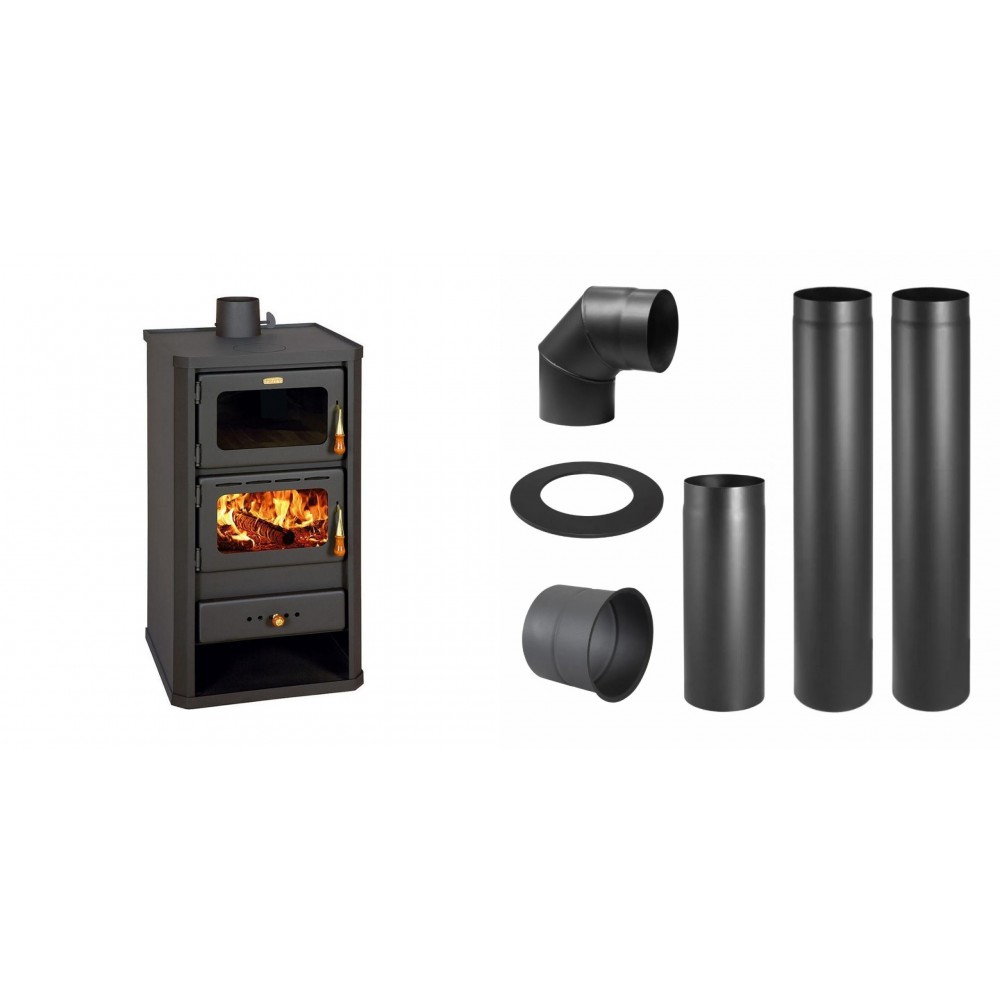 Set Kaminofen, Holzofen mit Backfach Prity, Modell FM, Leistung 12.1kW + Schornstein Bausatz PARKANEX, Stahl Ø130, Dicke 2mm