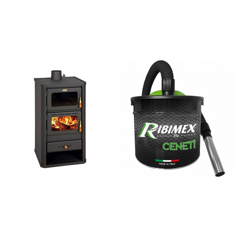 Set Kaminofen, Holzofen mit Backfach Prity, Modell FM, Leistung 12.1kW + Elektrischer Aschesauger Ribimex, Modell Cenetì, Fassungsvermögen 15 L