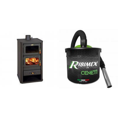 Set Kaminofen, Holzofen mit Backfach Prity, Modell FM, Leistung 12.1kW + Elektrischer Aschesauger Ribimex, Modell Cenetì, Fassungsvermögen 15 L - Kaminofen - Holzofen mit Backfach