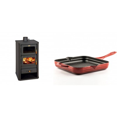 Set Kaminofen, Holzofen mit Backfach Prity, Modell FM, Leistung 12.1kW + Emaillierte grillpfanne Gusseisen Solagio, Rubin, 28x28cm - Kaminofen - Holzofen mit Backfach