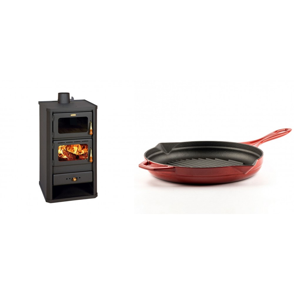 Set Kaminofen, Holzofen mit Backfach Prity, Modell FM, Leistung 12.1kW + Emaillierte grillpfanne Gusseisen Solagio, Rubin, Ф28cm