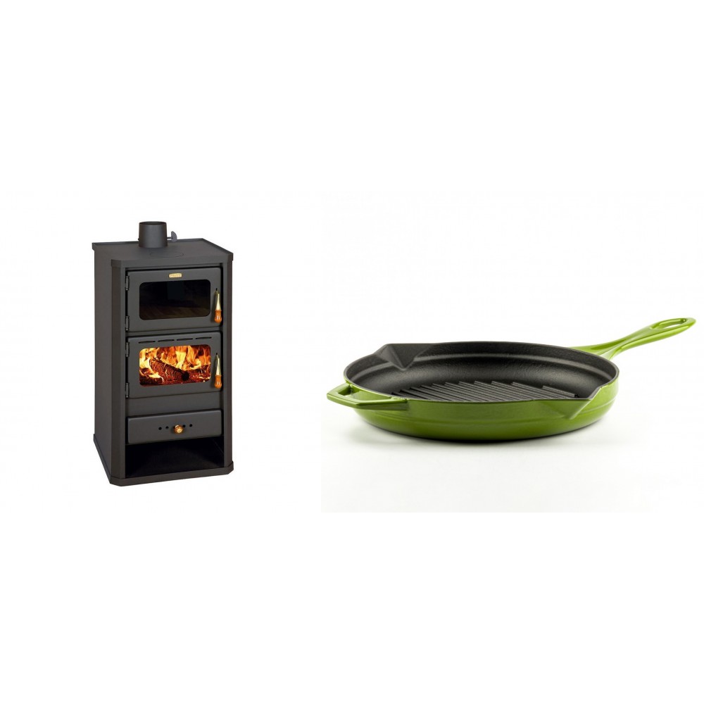 Set Kaminofen, Holzofen mit Backfach Prity, Modell FM, Leistung 12.1kW + Emaillierte grillpfanne Gusseisen Solagio, Bamboo, Ф28cm