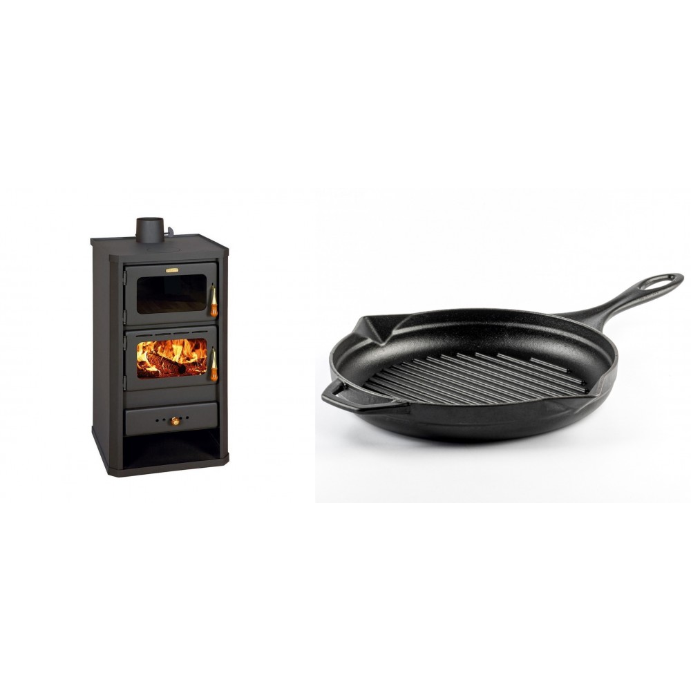 Set Kaminofen, Holzofen mit Backfach Prity, Modell FM, Leistung 12.1kW + Emaillierte grillpfanne Gusseisen Solagio, Black Onyx, Ф28cm