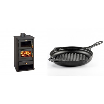 Set Kaminofen, Holzofen mit Backfach Prity, Modell FM, Leistung 12.1kW + Emaillierte grillpfanne Gusseisen Solagio, Black Onyx, Ф28cm - Kaminofen - Holzofen mit Backfach