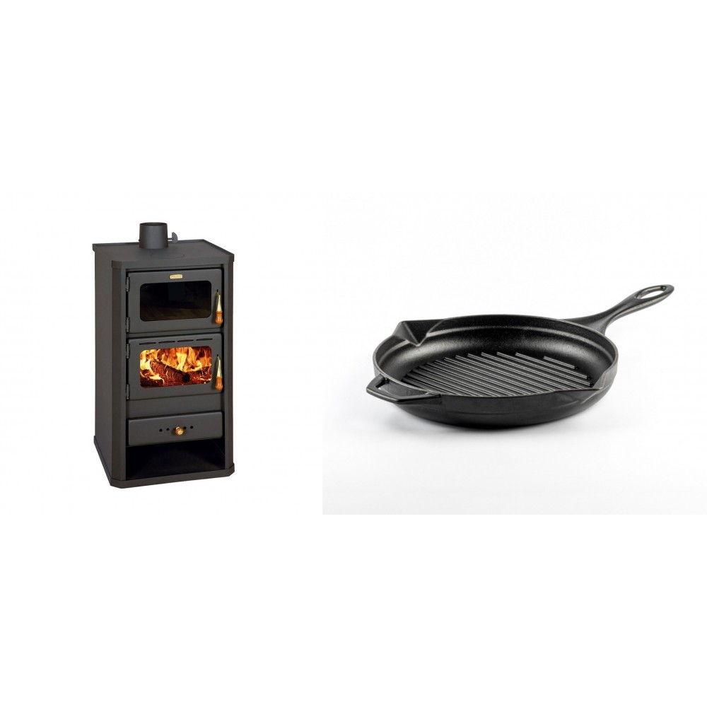 Set Kaminofen, Holzofen mit Backfach Prity, Modell FM, Leistung 12.1kW + Emaillierte grillpfanne Gusseisen Solagio, Black Onyx, Ф24cm | Holzofen | Kaminofen |