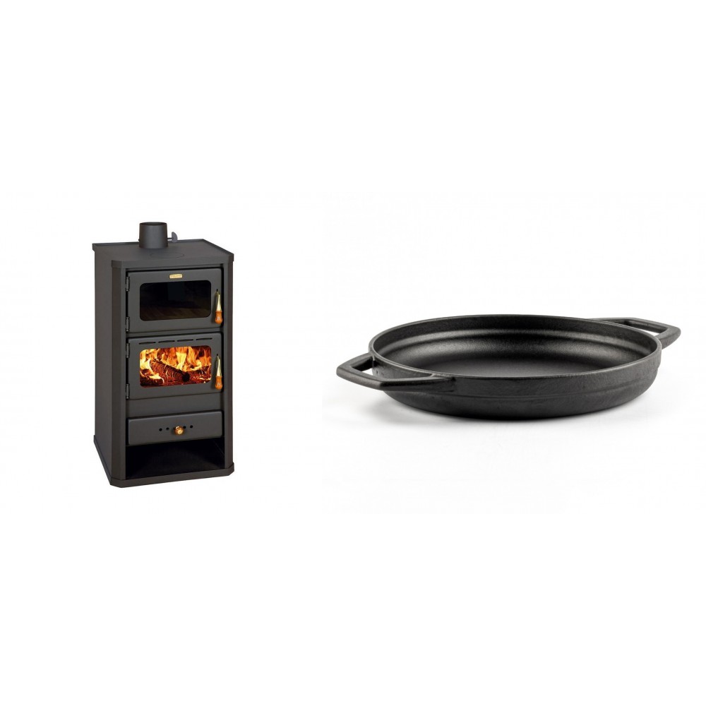 Set Kaminofen, Holzofen mit Backfach Prity, Modell FM, Leistung 12.1kW + Emaillierte gusseisenpfanne mit zwei Griffen Solagio, Black Onyx, Ф22cm