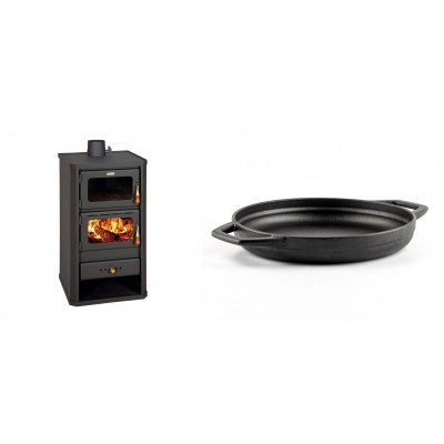 Set Kaminofen, Holzofen mit Backfach Prity, Modell FM, Leistung 12.1kW + Emaillierte gusseisenpfanne mit zwei Griffen Solagio, Black Onyx, Ф22cm - Kaminofen - Holzofen mit Backfach