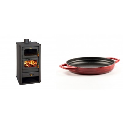 Set Kaminofen, Holzofen mit Backfach Prity, Modell FM, Leistung 12.1kW + Emaillierte gusseisenpfanne mit zwei Griffen Solagio, Rubin, Ф22cm - Kaminofen - Holzofen mit Backfach