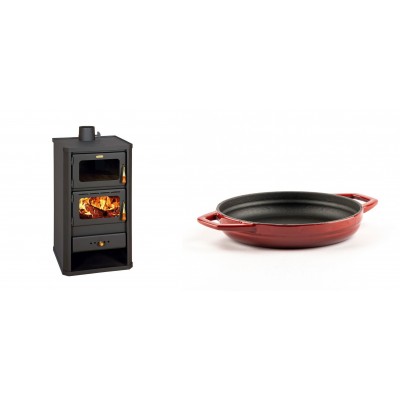 Set Kaminofen, Holzofen mit Backfach Prity, Modell FM, Leistung 12.1kW + Emaillierte gusseisenpfanne mit zwei Griffen Solagio, Rubin, Ф19cm - Kaminofen - Holzofen mit Backfach