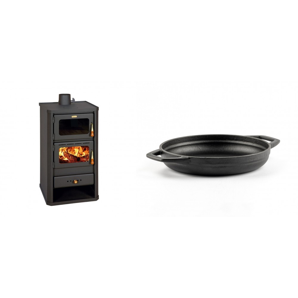 Set Kaminofen, Holzofen mit Backfach Prity, Modell FM, Leistung 12.1kW + Emaillierte gusseisenpfanne mit zwei Griffen Solagio, Black Onyx, Ф19cm | Holzofen | Kaminofen |