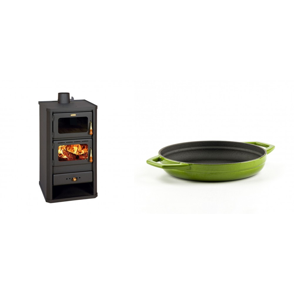 Set Kaminofen, Holzofen mit Backfach Prity, Modell FM, Leistung 12.1kW + Emaillierte gusseisenpfanne mit zwei Griffen Solagio, Bamboo, Ф19cm