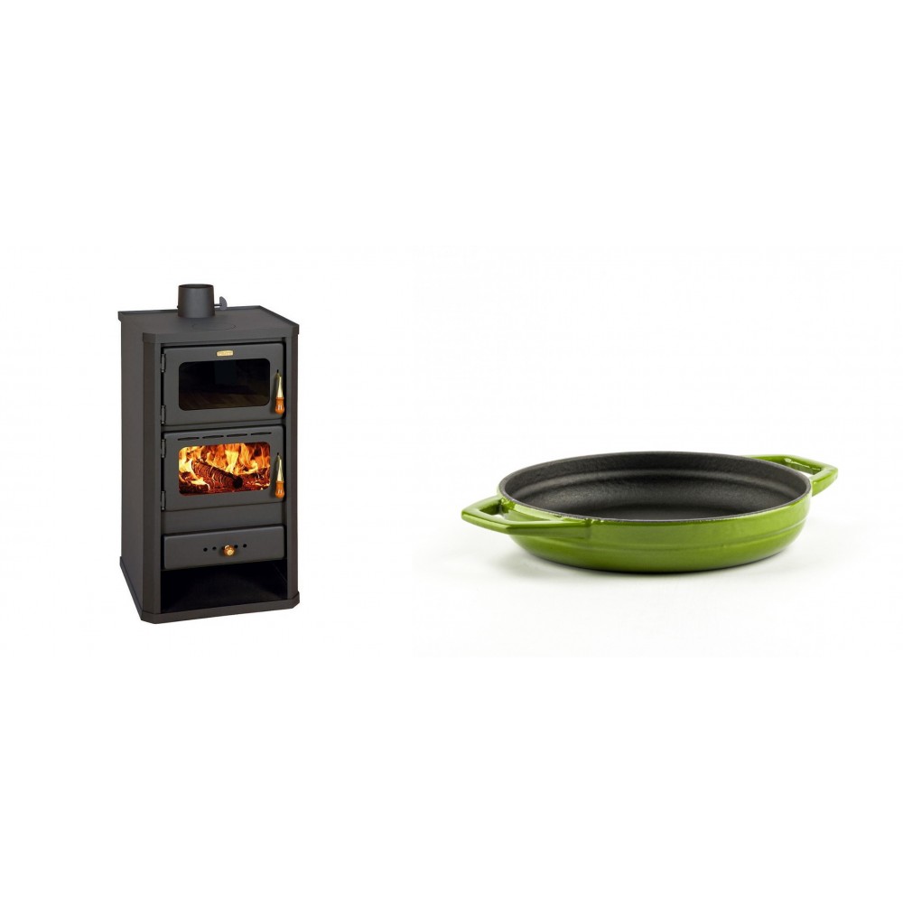 Set Kaminofen, Holzofen mit Backfach Prity, Modell FM, Leistung 12.1kW + Emaillierte gusseisenpfanne mit zwei Griffen Solagio, Bamboo, Ф16cm