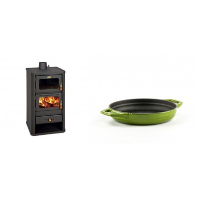 Set Kaminofen, Holzofen mit Backfach Prity, Modell FM, Leistung 12.1kW + Emaillierte gusseisenpfanne mit zwei Griffen Solagio, Bamboo, Ф16cm - Kaminofen - Holzofen mit Backfach