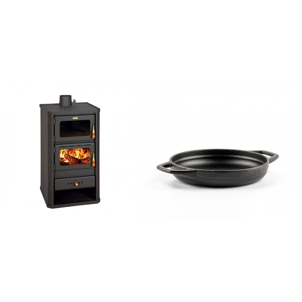 Set Kaminofen, Holzofen mit Backfach Prity, Modell FM, Leistung 12.1kW + Emaillierte gusseisenpfanne mit zwei Griffen Solagio, Black Onyx, Ф16cm | Holzofen | Kaminofen |