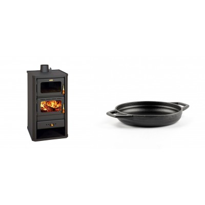Set Kaminofen, Holzofen mit Backfach Prity, Modell FM, Leistung 12.1kW + Emaillierte gusseisenpfanne mit zwei Griffen Solagio, Black Onyx, Ф16cm - Kaminofen - Holzofen mit Backfach