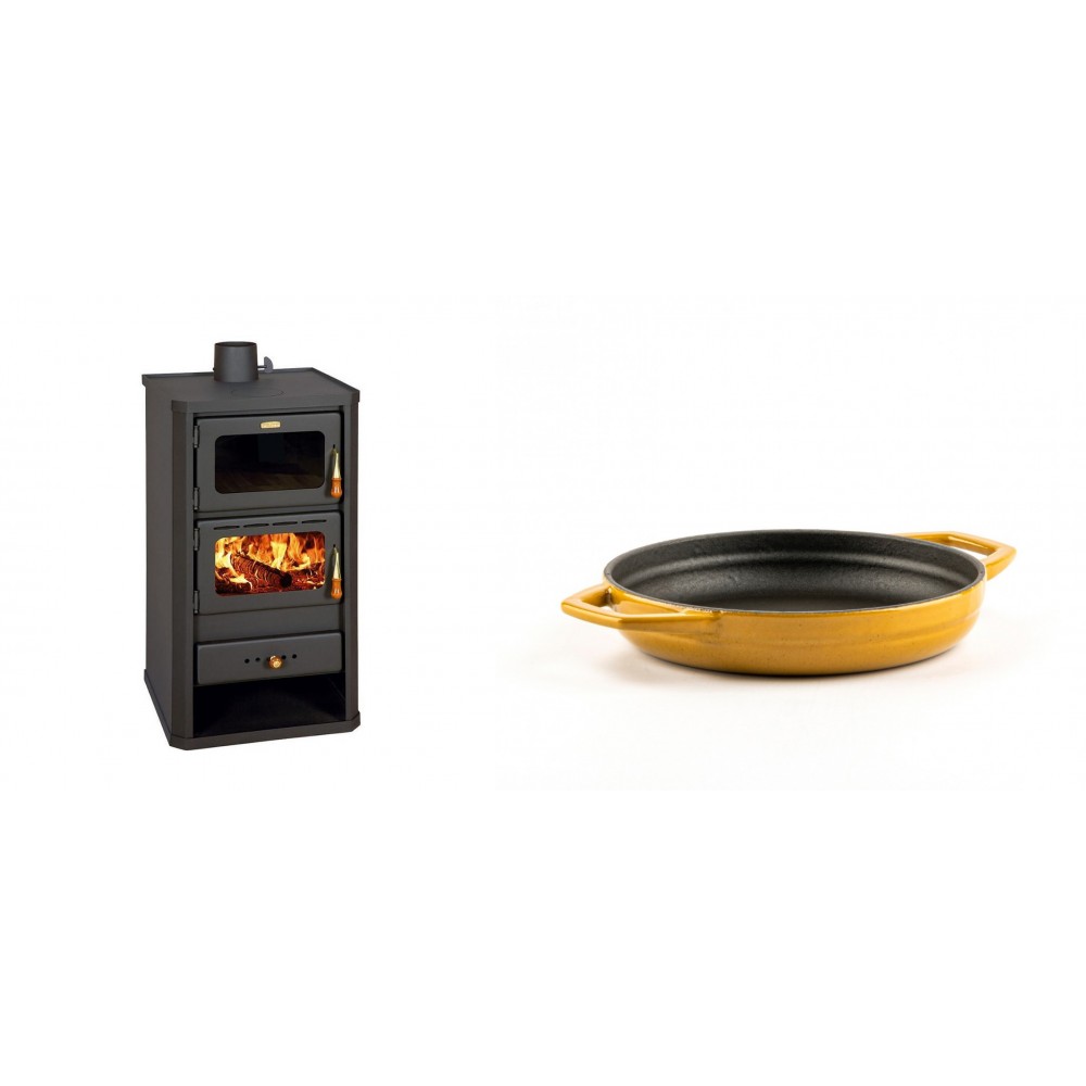 Set Kaminofen, Holzofen mit Backfach Prity, Modell FM, Leistung 12.1kW + Emaillierte gusseisenpfanne mit zwei Griffen Solagio, Dijon, Ф16cm